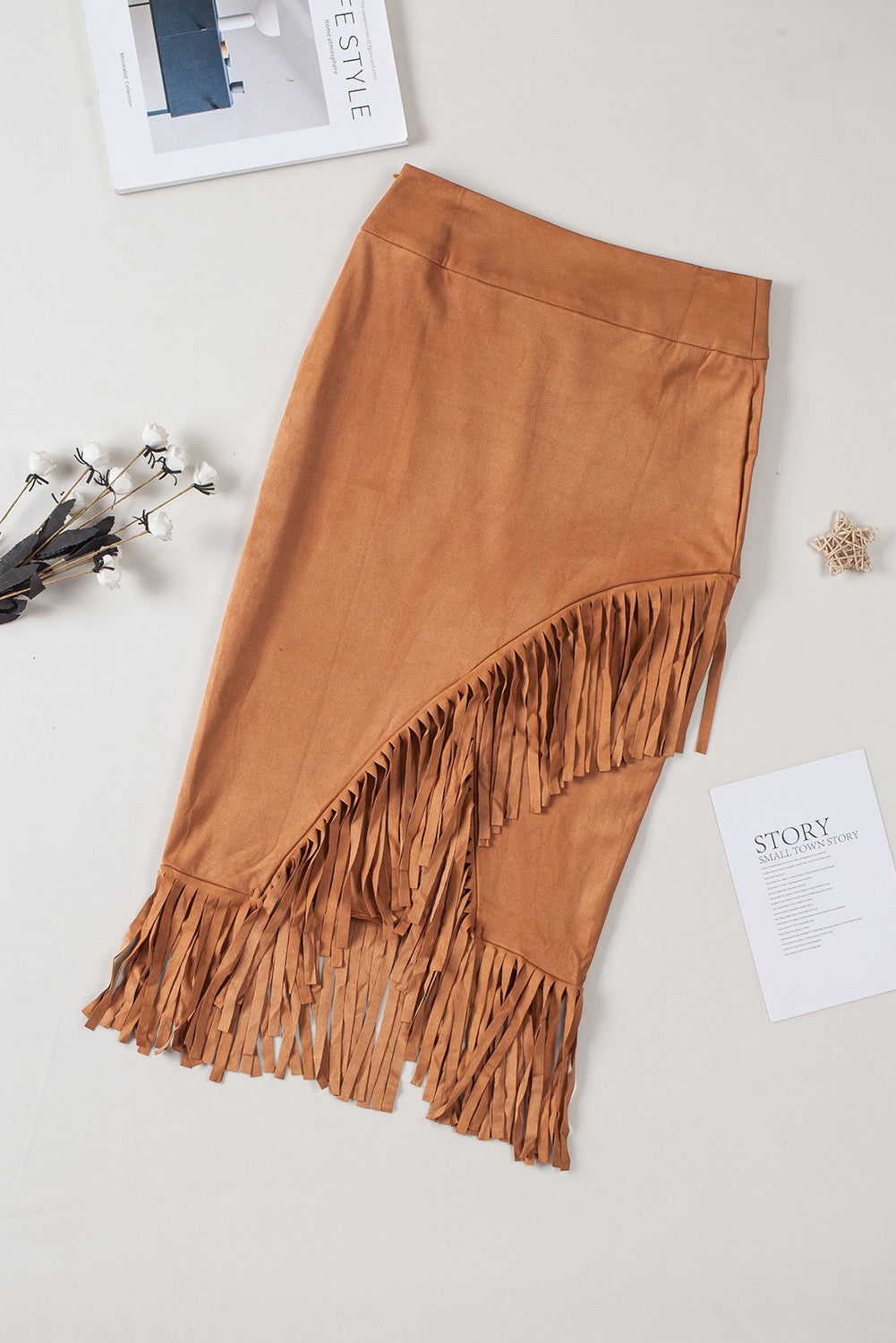 Brown Fringe Asymmetric Wrap Suede Midi Skirt