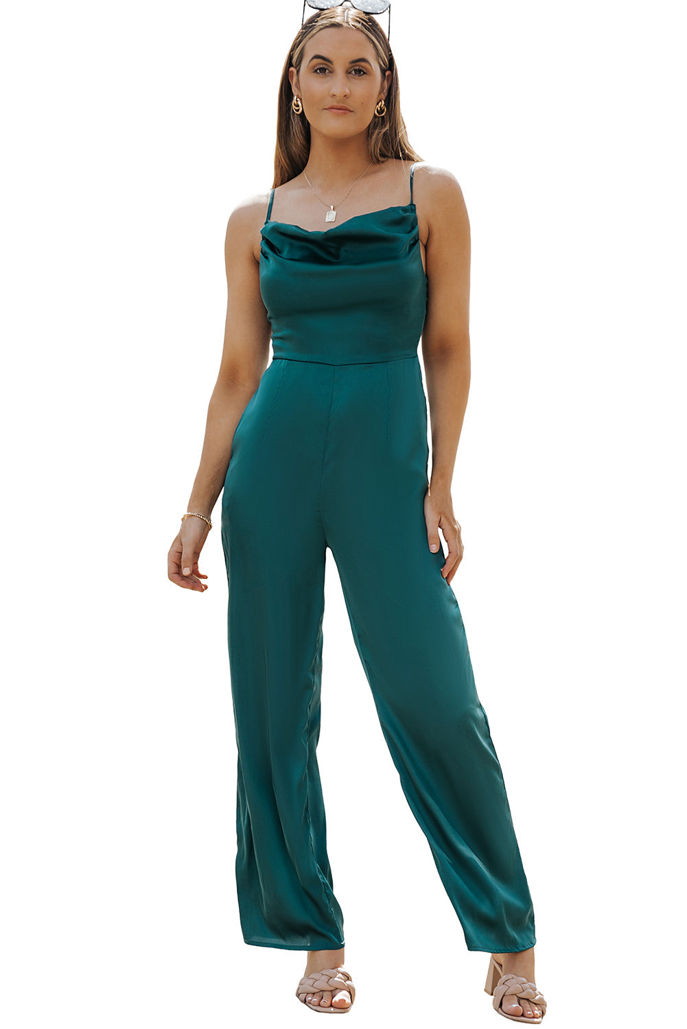 Green Spaghetti Straps Cowl Neck Satin Jumpsuit