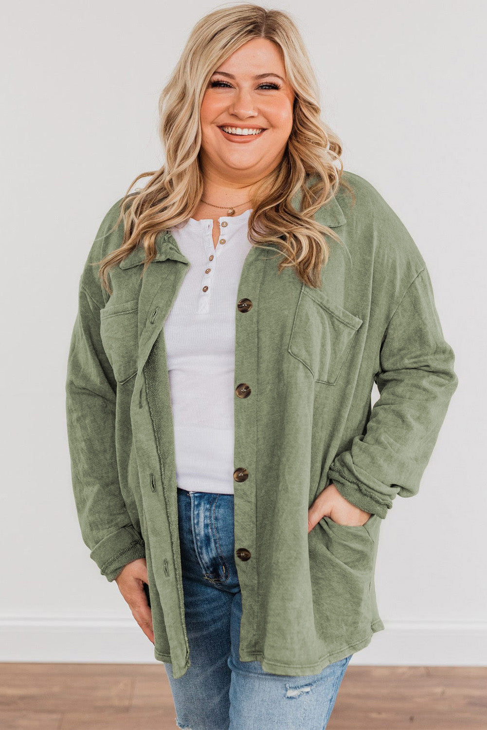 Green Plus Size Buttons Closure Pocketed Shacket