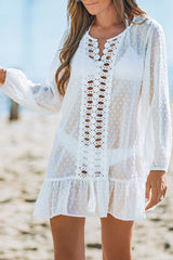 White Swiss Dot Crochet Long Sleeve Beach Cover Up