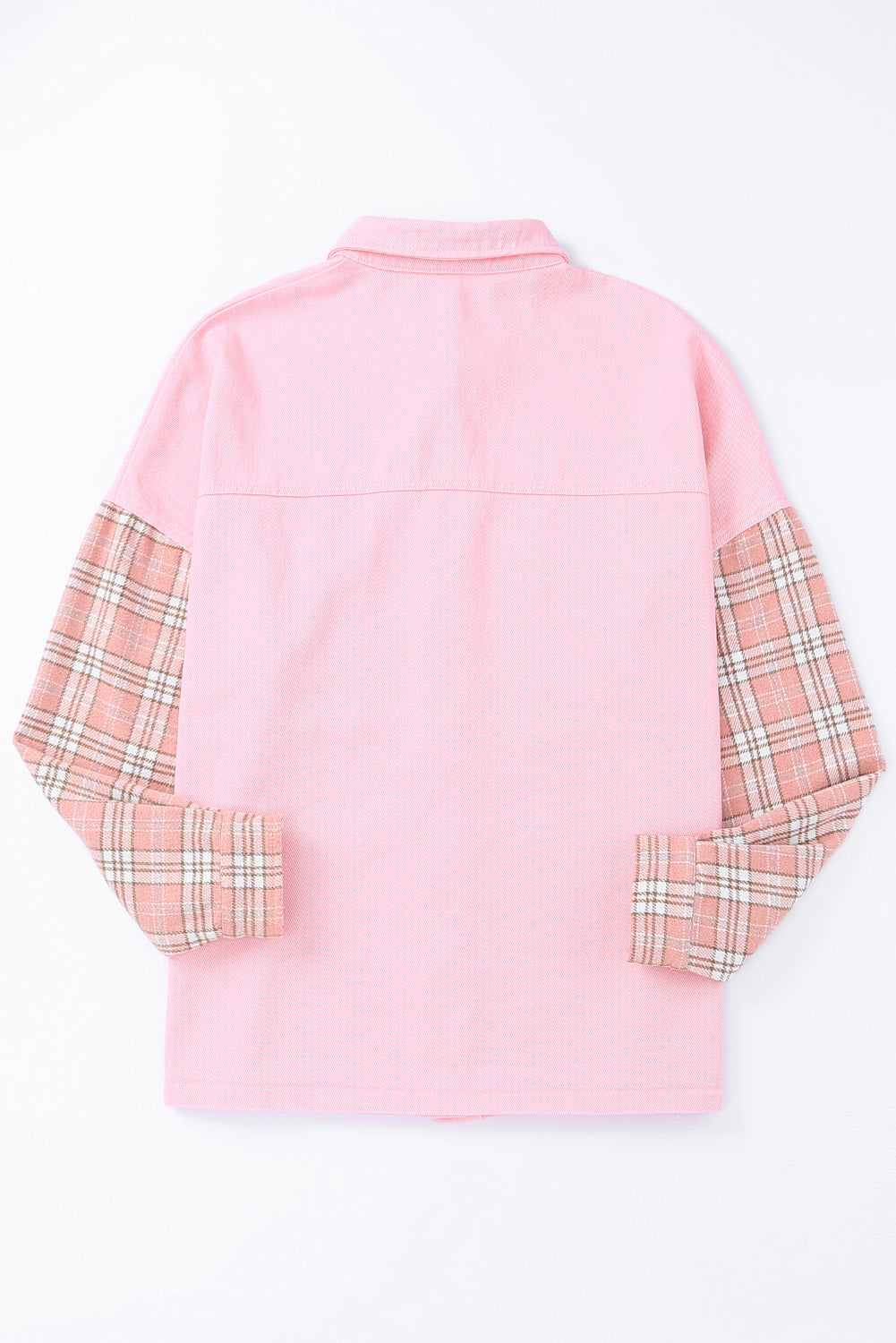 Pink Plaid Patchwork Raw Hem Shacket