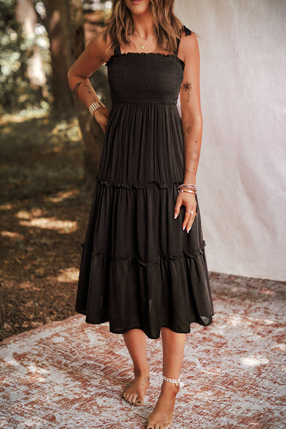 Black Tie Strap Smocked Frill Tiered Midi Dress