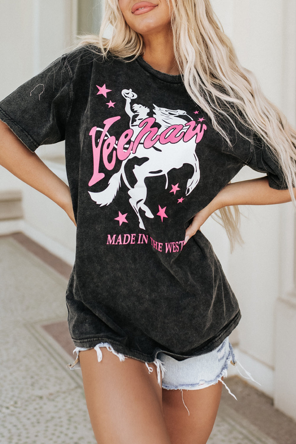 Black Western Yeehaw Graphic Print Short Sleeve T Shirt