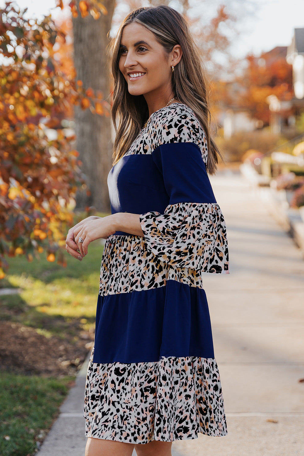 Leopard Splicing High Waist Long Sleeve Dress