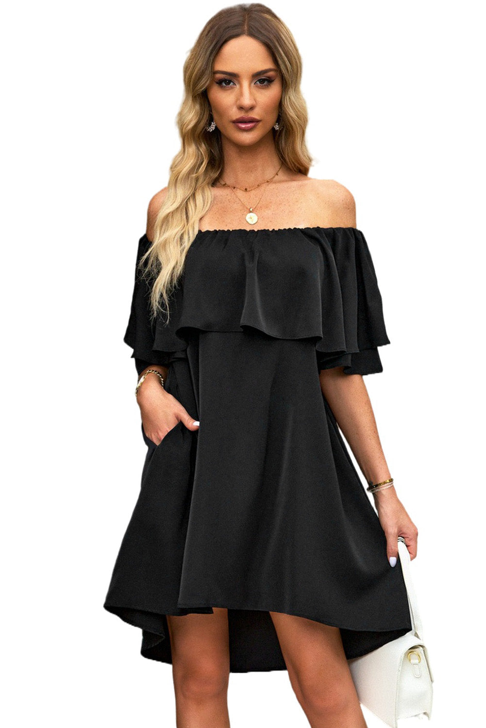 Black Off The Shoulder Ruffle Casual Shift Dress