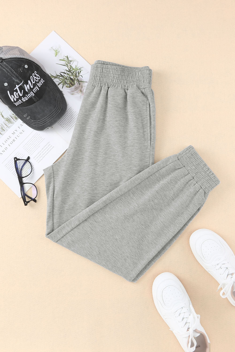 Gray Smocked High Waist Jogger Pants