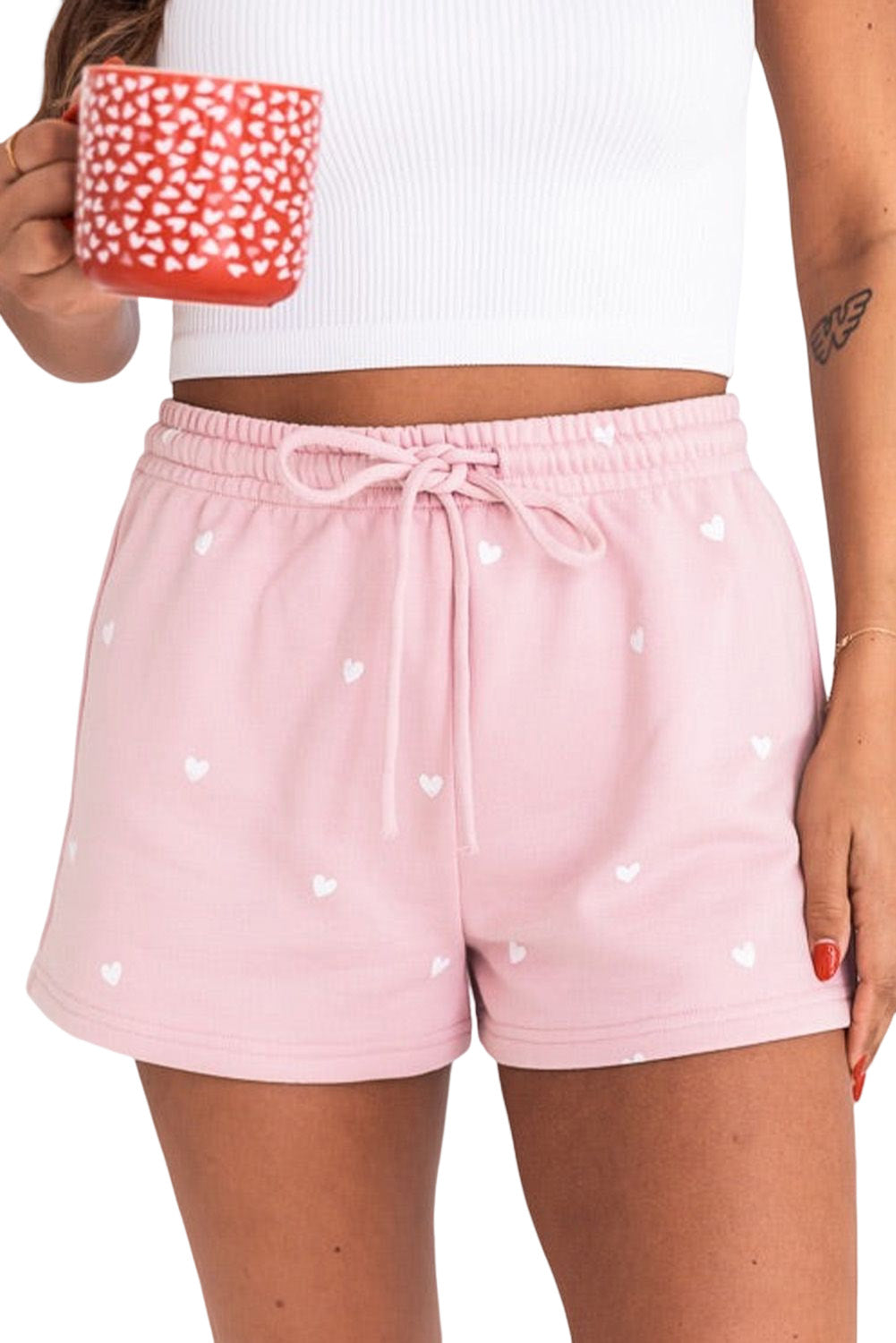 Pink Cute Heart Print Drawstring Lounge Shorts