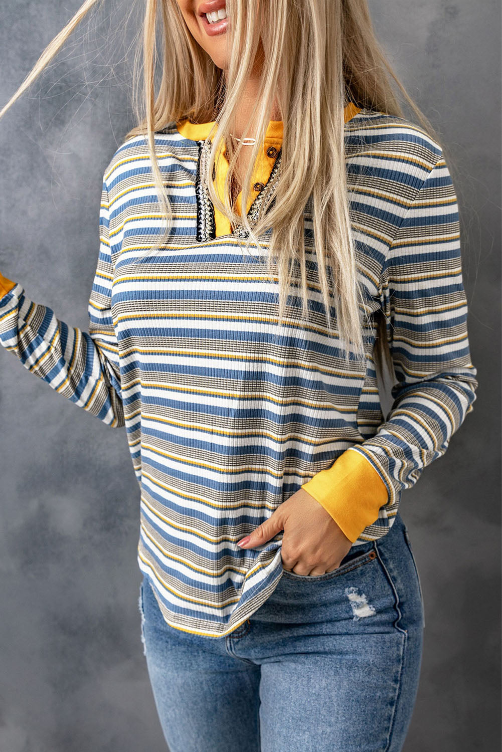 Striped Knit Button Neck Long Sleeve Top