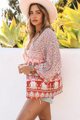 Pink Floral Aztec Print 3/4 Sleeve Open Front Kimono