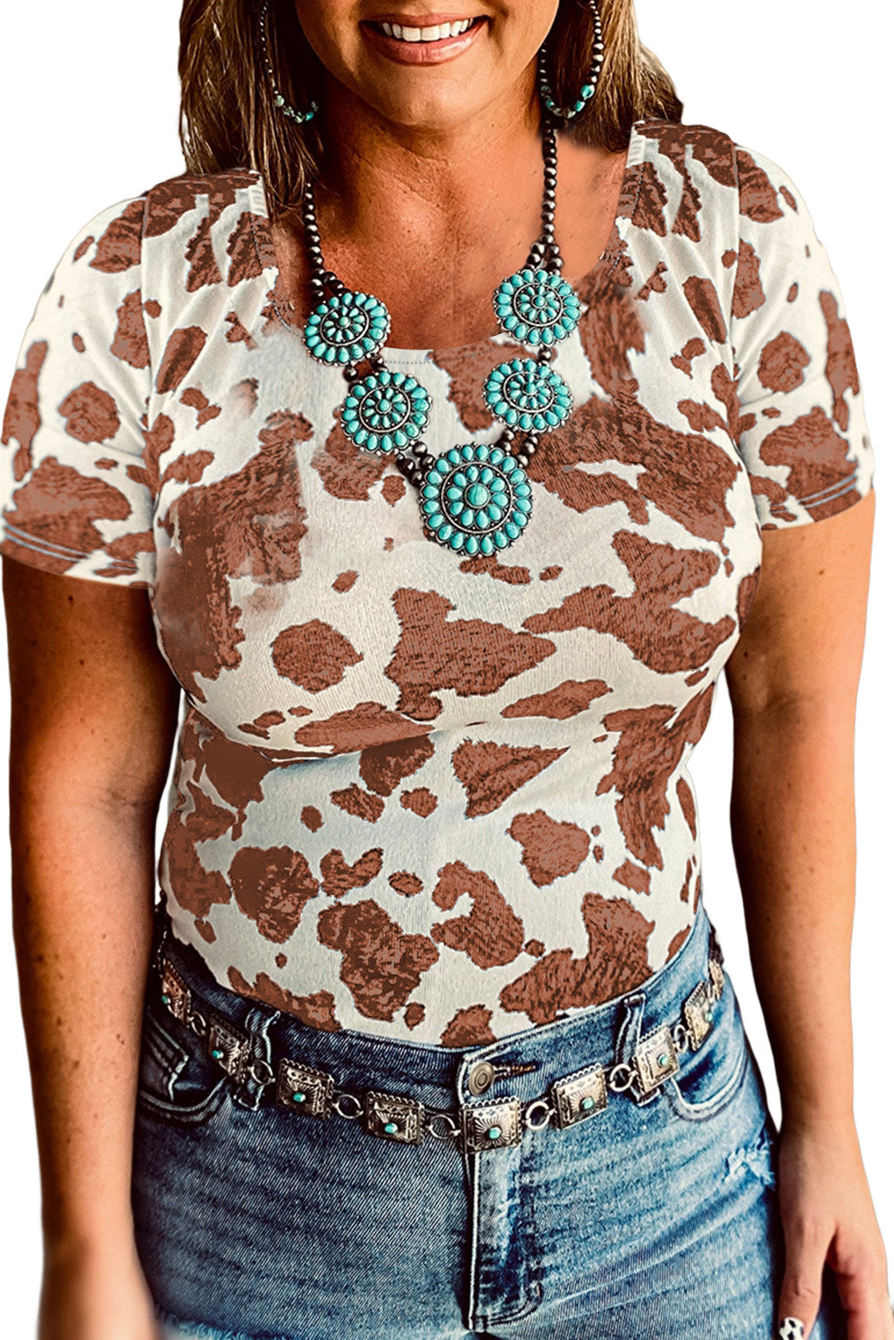 White One Shoulder Cow Print Cut out Short Sleeve Top