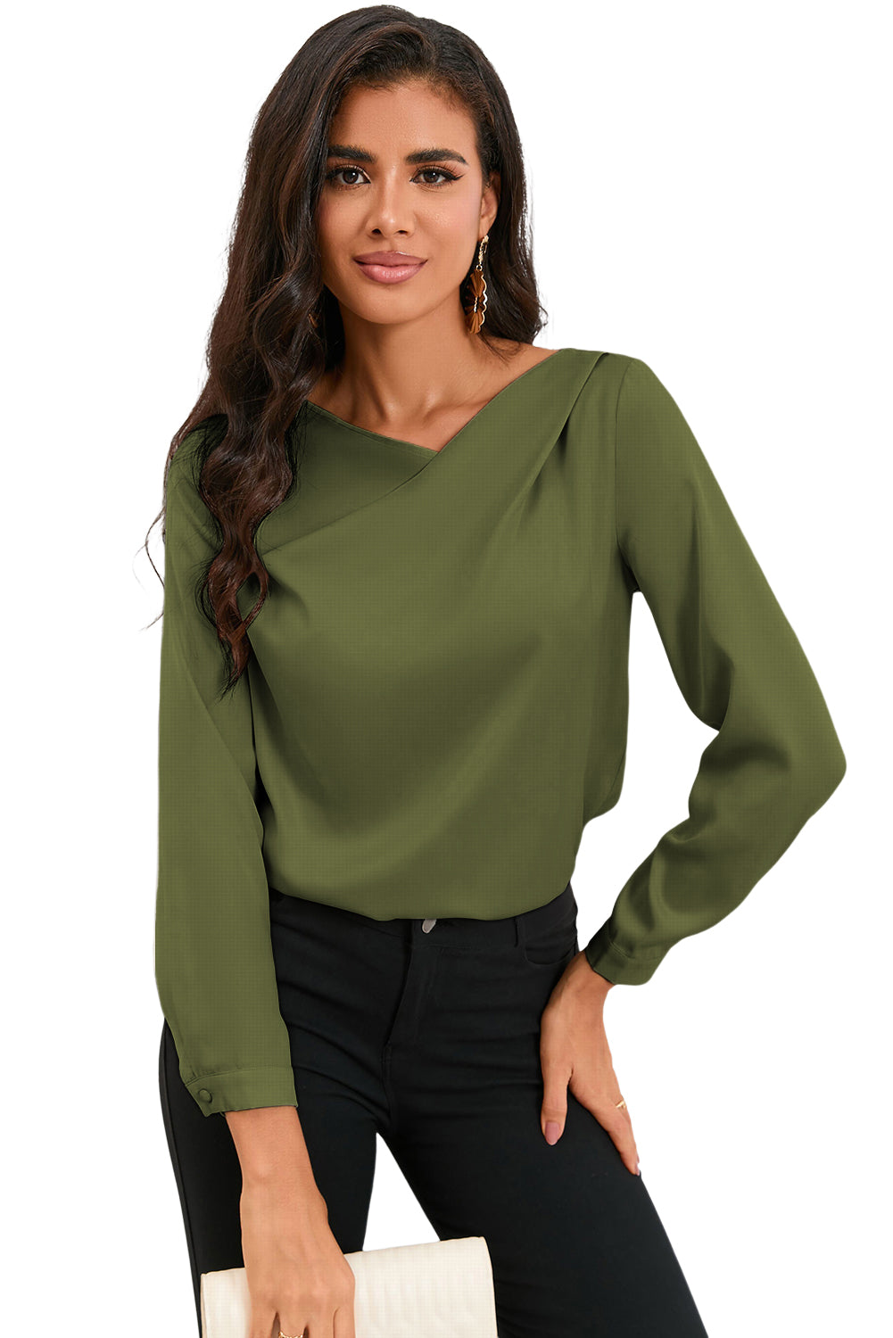 Apricot Solid Asymmetric V Neck Long Sleeve Satin Blouse