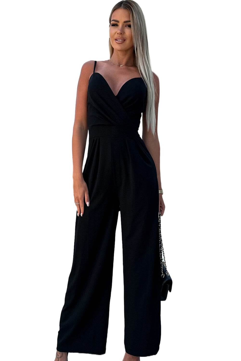 Black Wrap V-Neck Sleeveless Pleat Wide Leg Jumpsuit