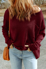 Biking Red Solid Color Off Shoulder Rib Knit Sweater with Pocket