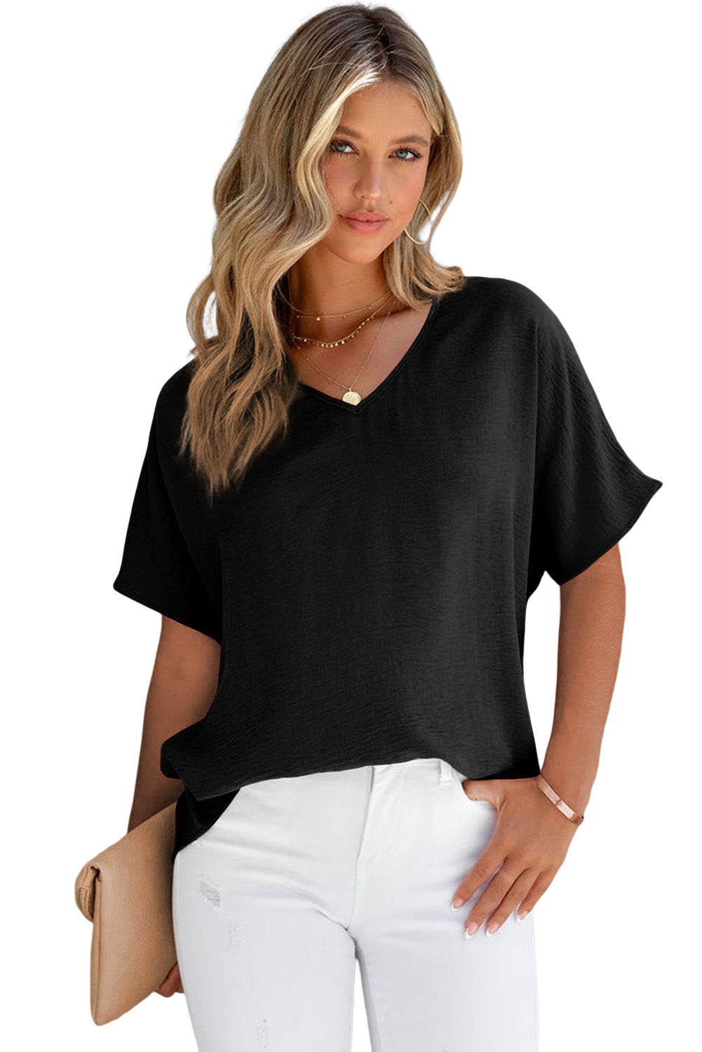 Rose Solid V Neck Short Sleeve Blouse