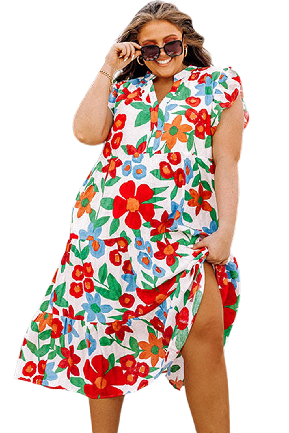 Multicolor Flutter Sleeve V Neck High Waist Floral Midi Dress