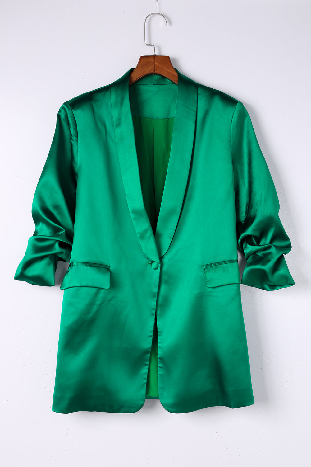 Green Lapel Collar Pocketed Satin Blazer