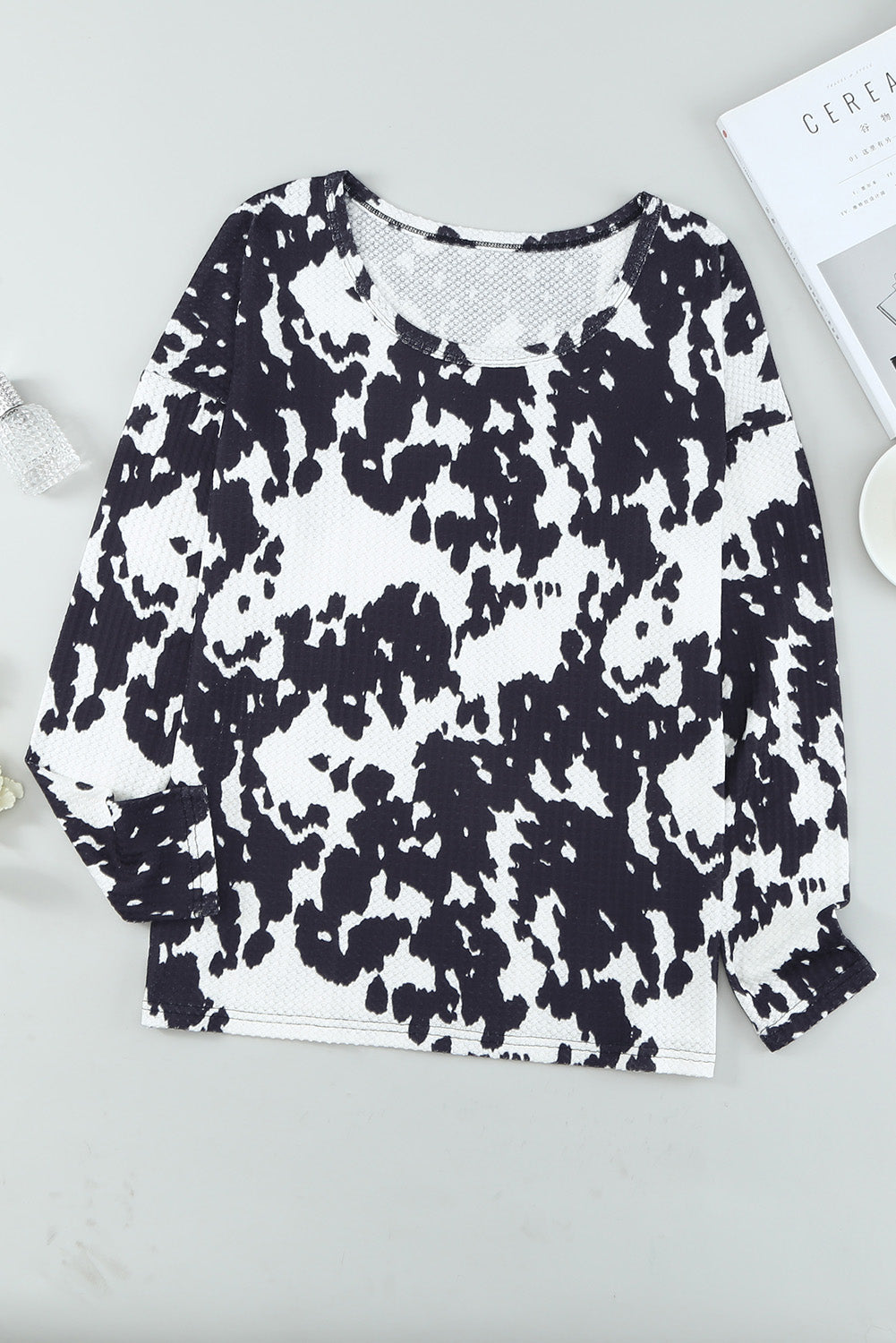 Cow Print U Neck Long Sleeve Top