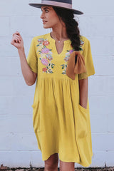 Yellow Split Neck Embroidered Floral Babydoll Swing Dress