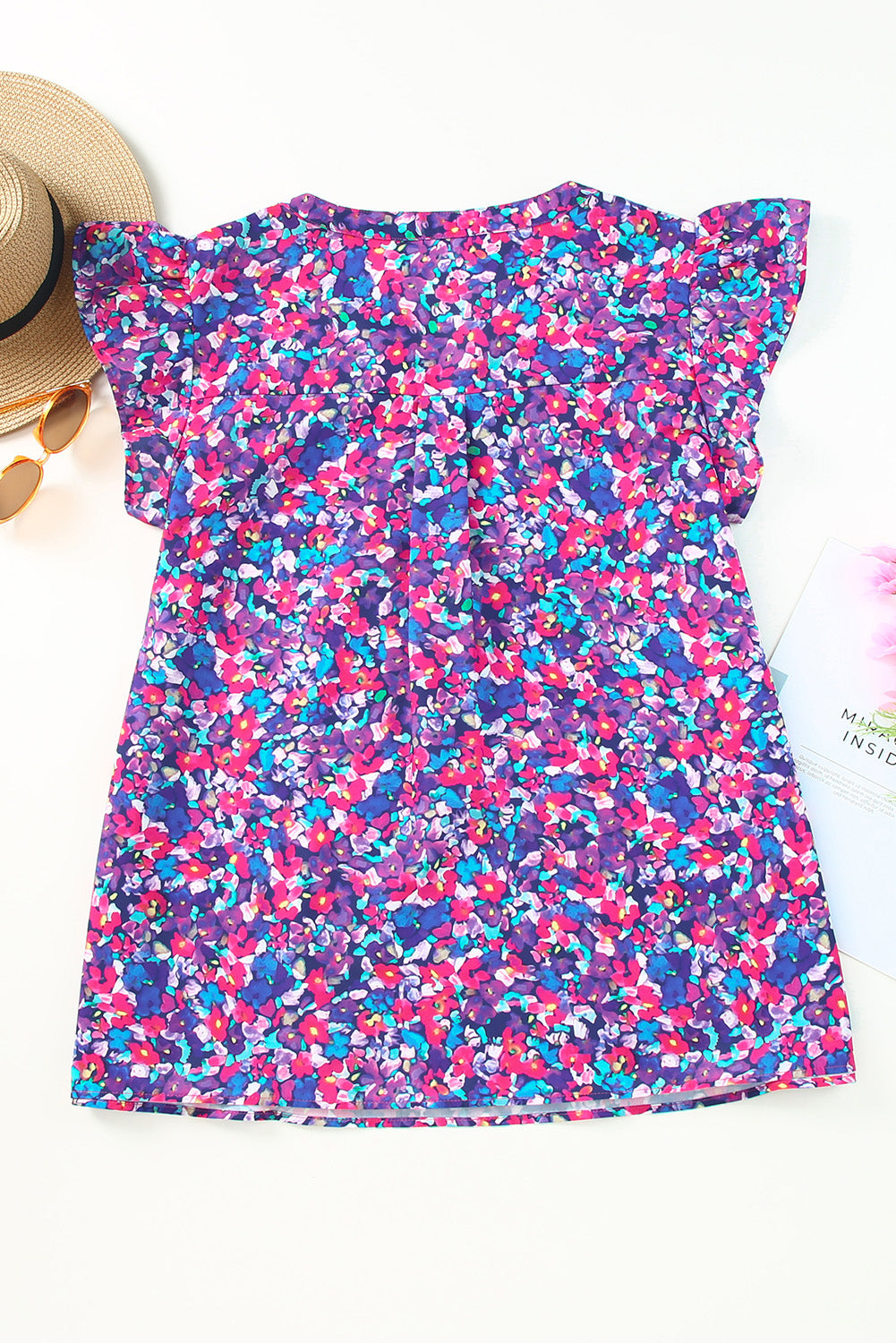Purple Plus Size Floral Print Ruffle Sleeve Blouse
