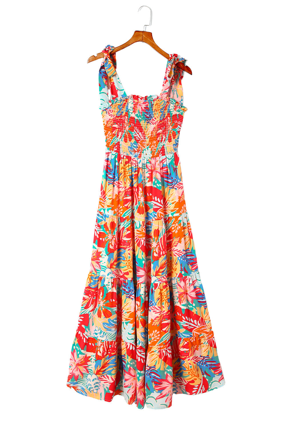 Multicolor Vibrant Tropical Print Smocked Ruffle Tiered Maxi Dress