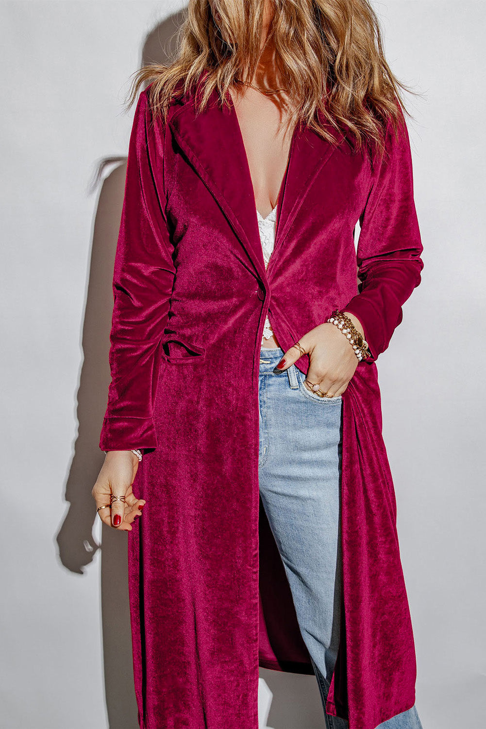 Brown Retro Velvet Long Sleeve Pocket Coat