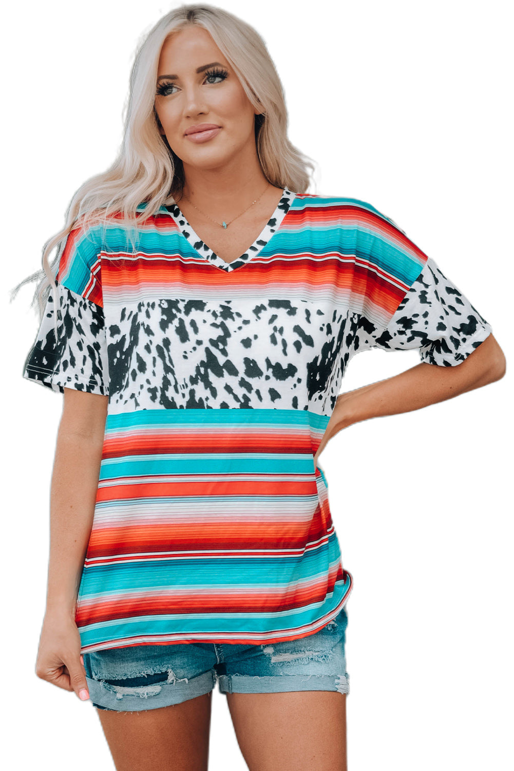 Western Serape Cow Color Block V Neck Top