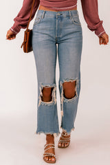 Sky Blue Distressed Knee Holes Straight Leg Jeans