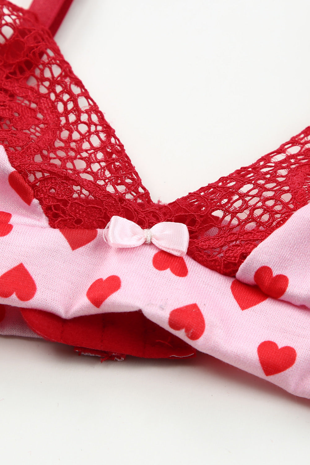 Red Lace Trim Heart Print Valentines Lingerie Set