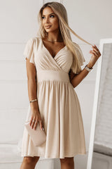 Khaki V Neck Wrap Ruched Flowy Midi Dress