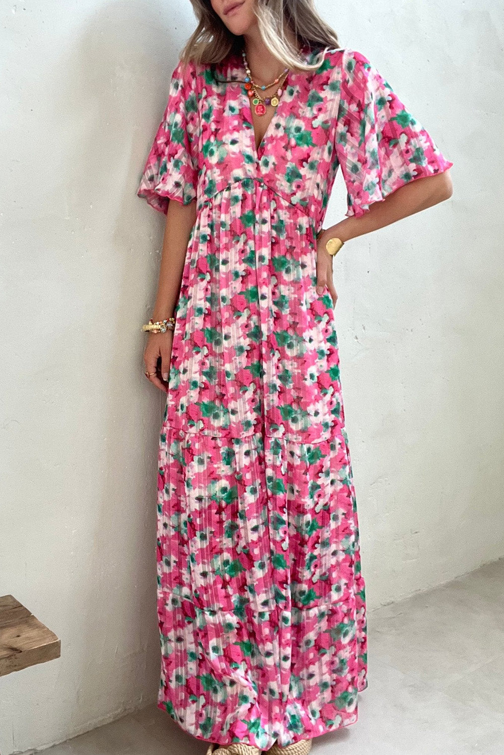 Pink Wide Sleeves Floral Print Maxi Dress