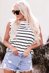 White Striped Print Shoulder Pads Boxy Tank Top