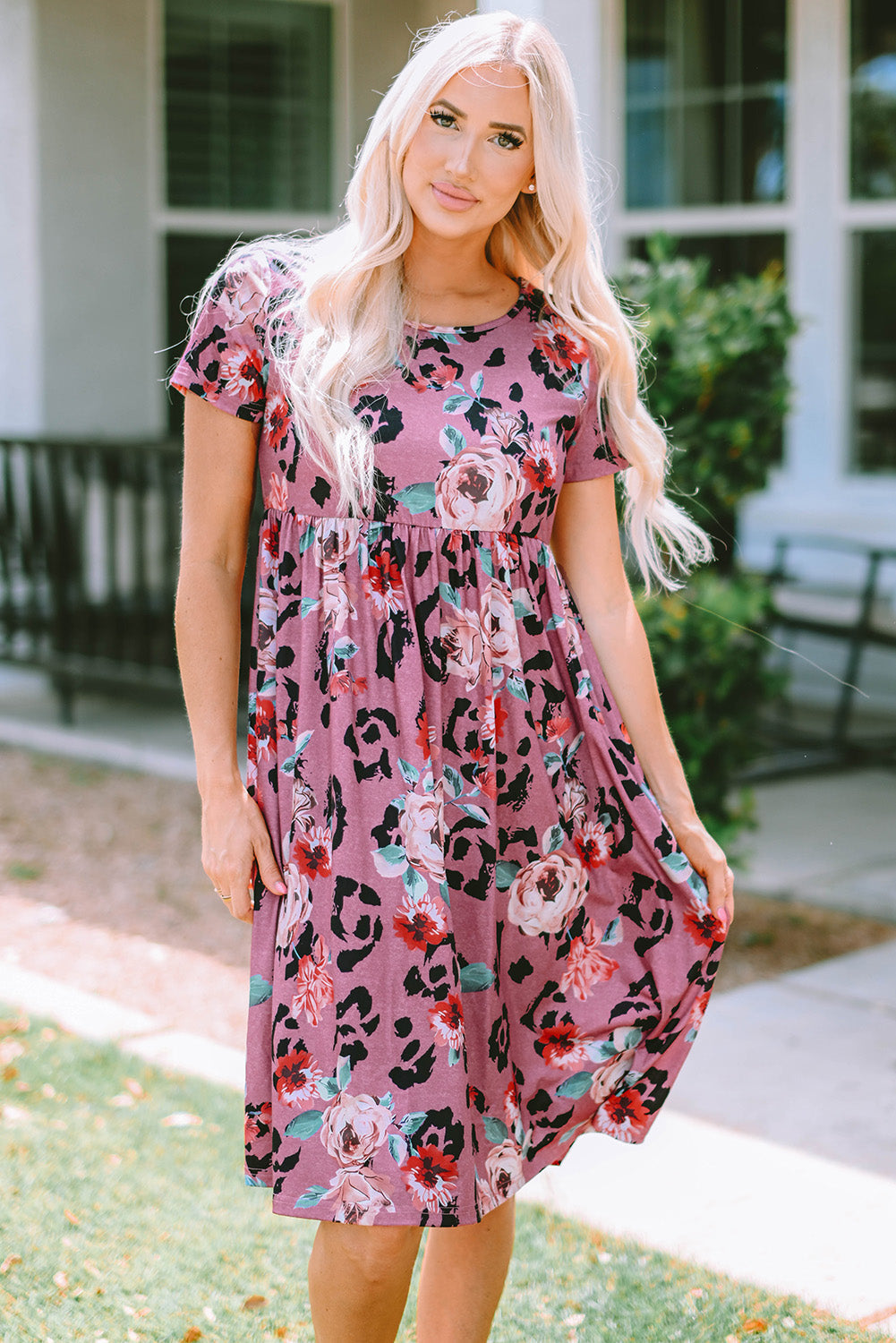 Red Leopard Print Short Sleeve A-line Dress