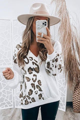 White Leopard Patchwork V Neck Long Sleeve Top