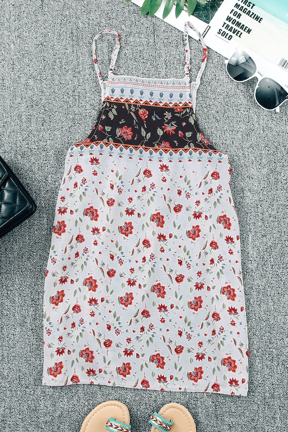 White Smocked Frilled Boho Floral Print Halter Tank Top