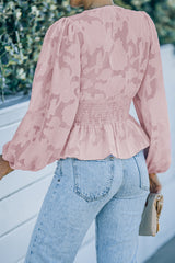 Pink Floral Textured Puff Sleeve Smocked Waist Peplum Top