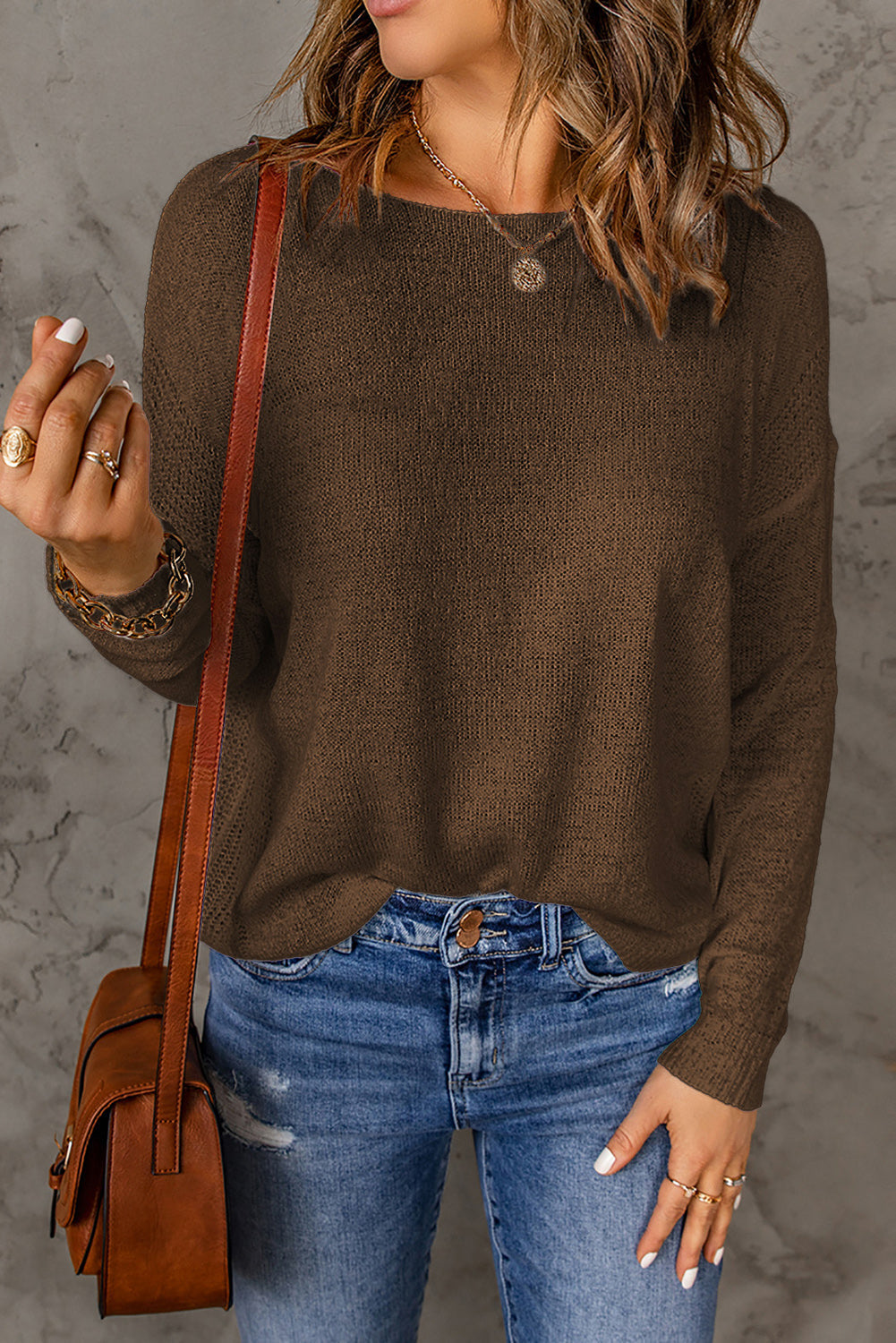 Apricot Solid Drop Shoulder Pullover Sweater