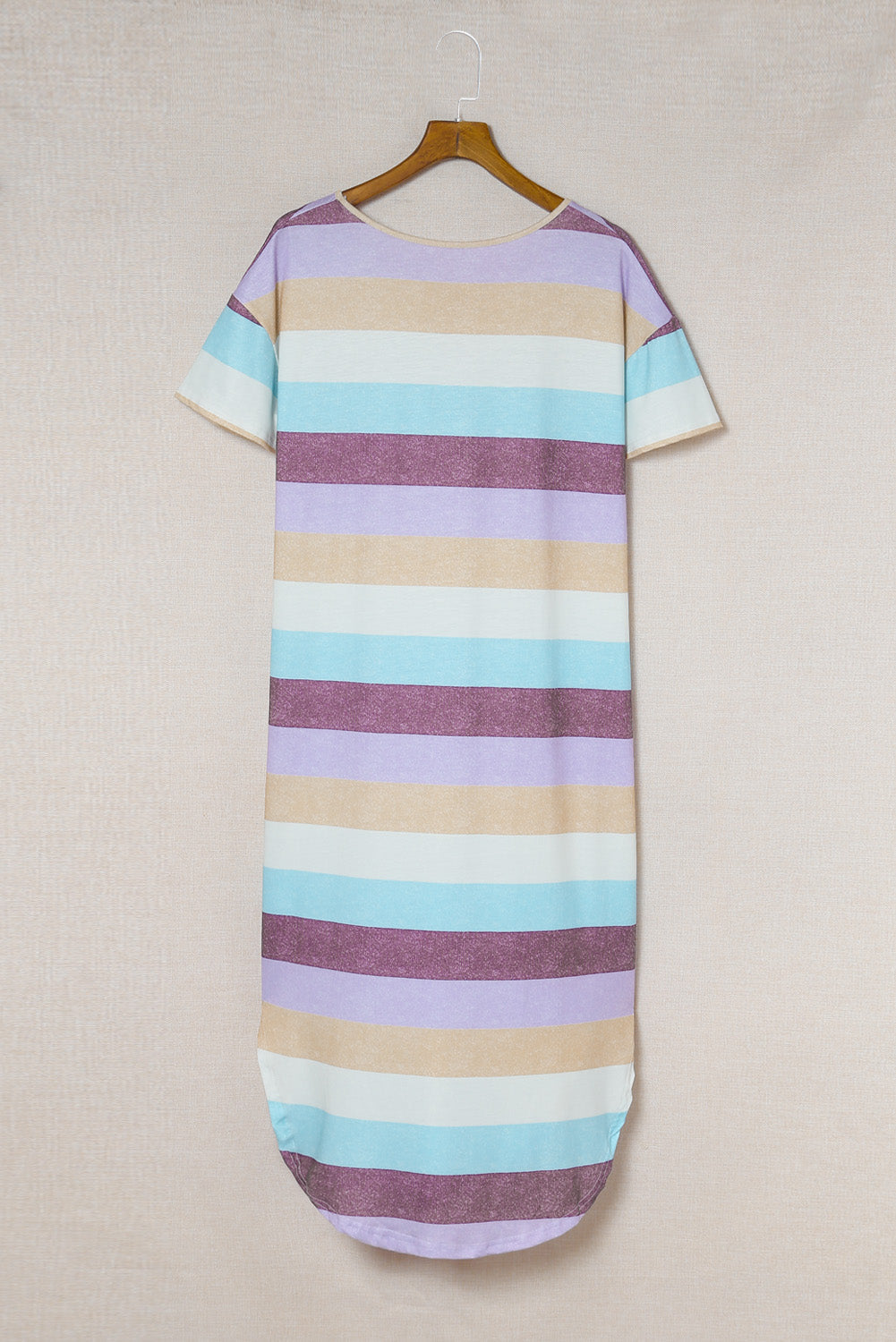 Striped Color Block V Neck T Shirt Midi Dress