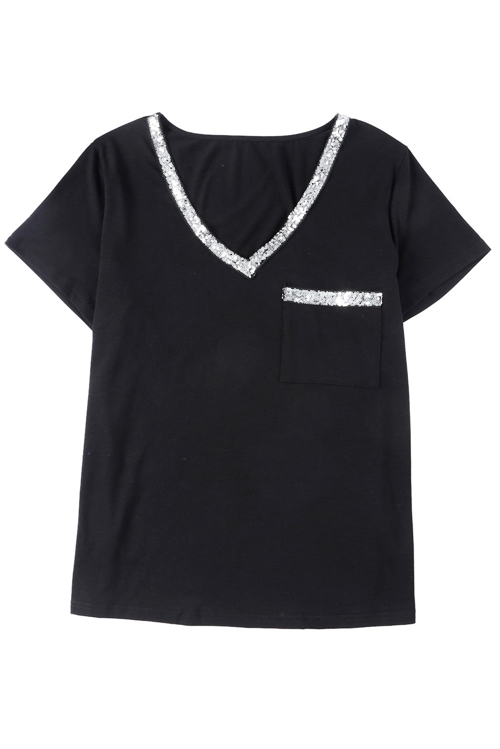 Black Sequin Trim V Neck Chest Pocket Plus Size Tee