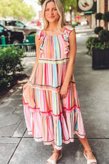 Pink Rainbow Stripe Ruffles Ruched Tiered Dress