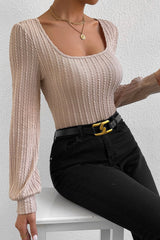 Khaki Square Neck Bubble Sleeve Textured Knit Top