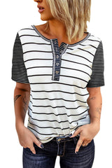 White Striped Colorblock Buttons T Shirt