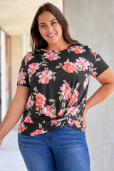 Black Plus Size Floral Print Twist Knot Top