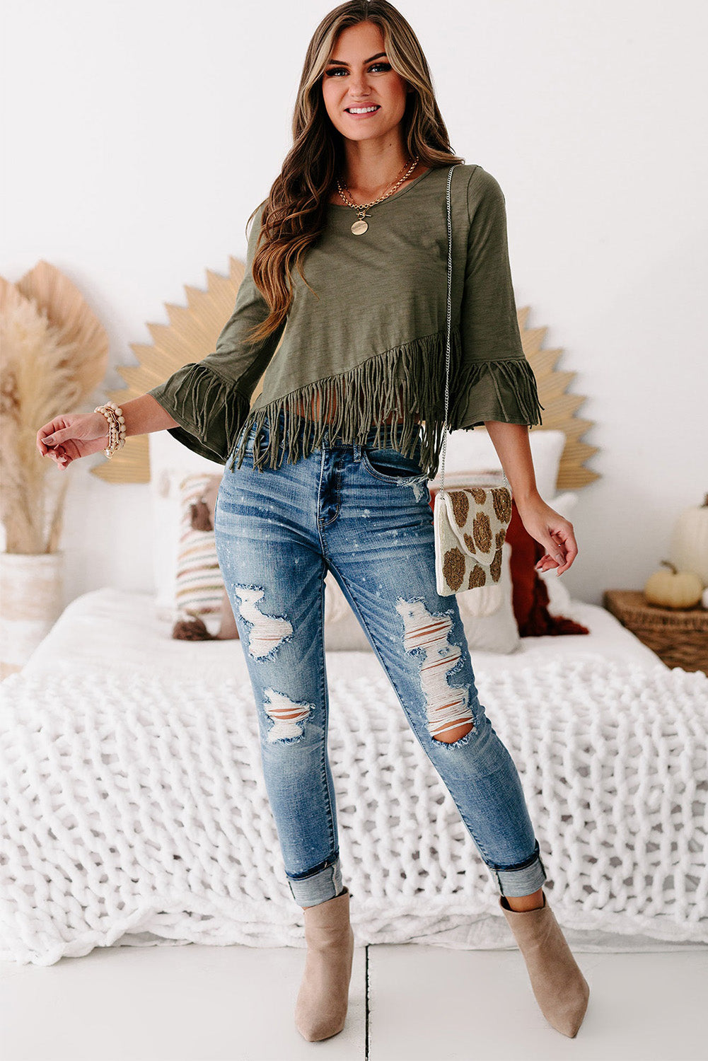 Green Cross-over Fringe Crop Top