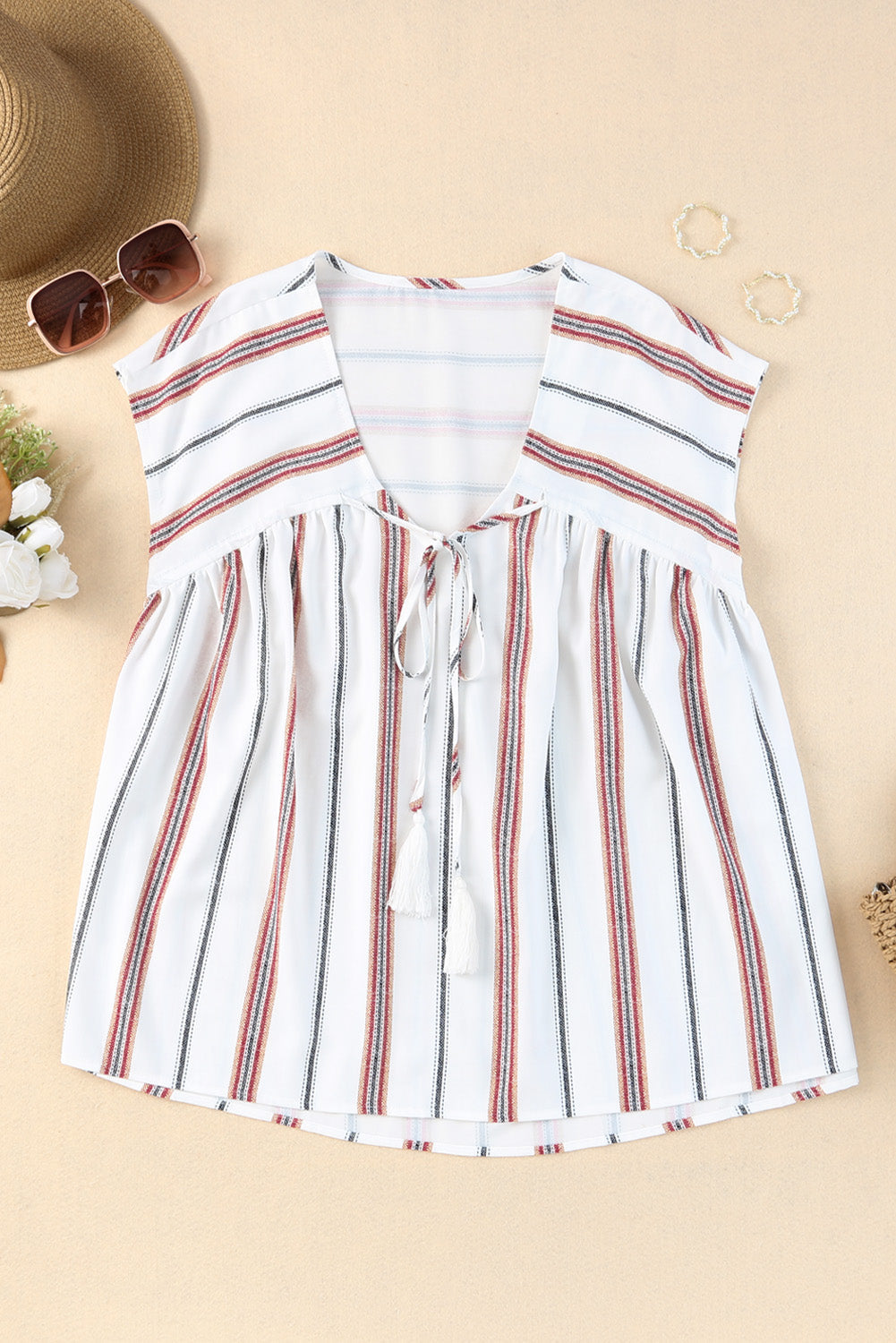 White Striped Print Loose V Neck Short Sleeve Top