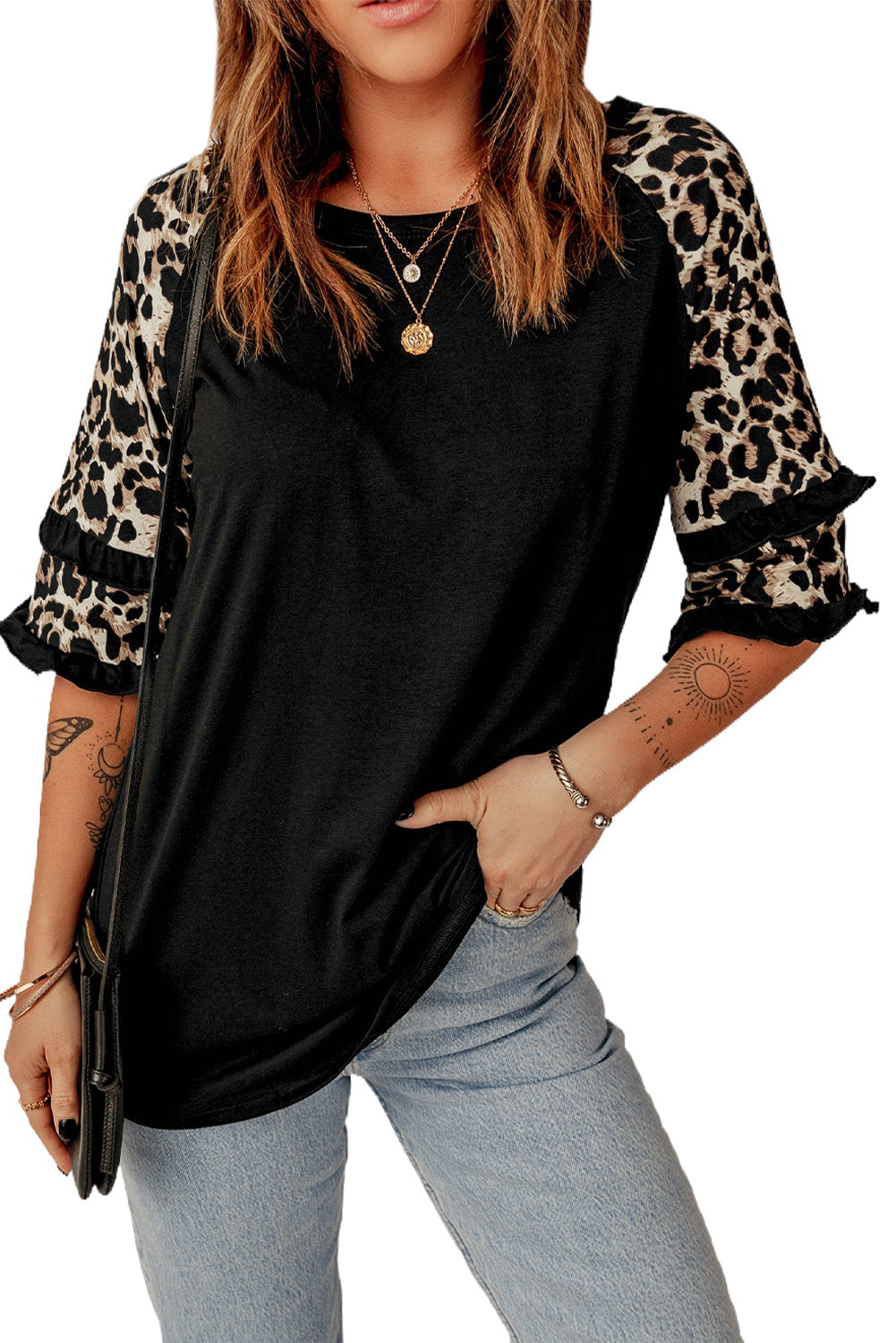 Black Ruffled Leopard Sleeve Patchwork Top