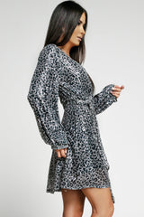 Gray Leopard Sequins V Neck Wrap Dress with Tie