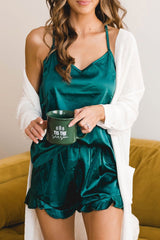 Green 2pcs Silky Ruffled Spaghetti Straps Pajamas Set