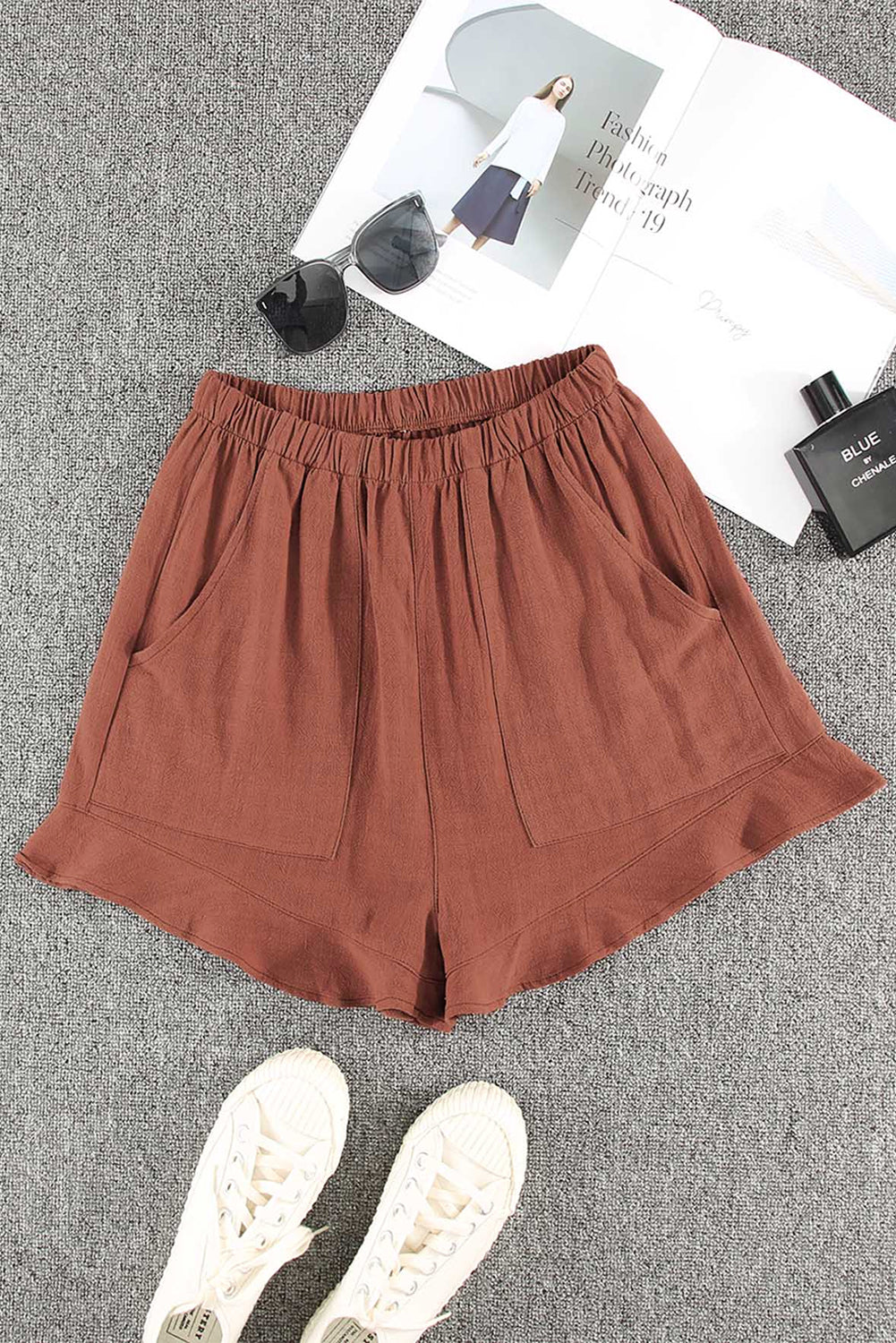 Khaki High Waist Pocketed Ruffle Shorts