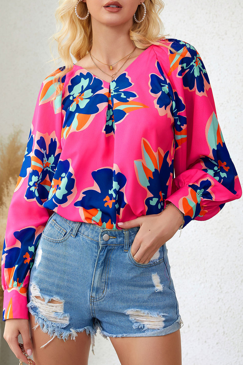 Black Flower Print Puff Sleeve Blouse