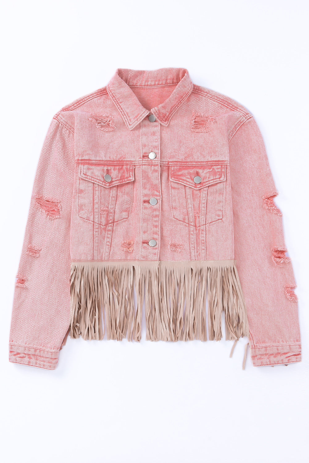 Pink Distressed Fringed Cropped Denim Jacket